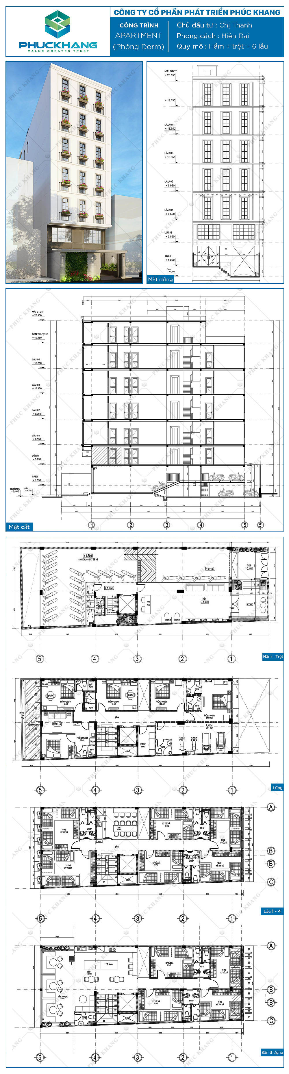 thiết kế tòa nhà căn hộ dịch vụ (8x27)m 8 tầng